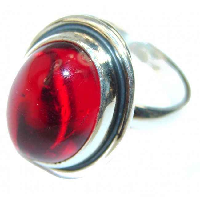 Unique Red Amber .925 Sterling Silver handcrafted Ring size 7 1/2