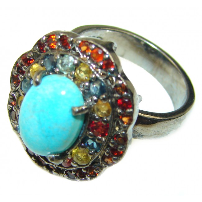 Turquoise Sapphire black rhodium over .925 Sterling Silver ring; s. 8