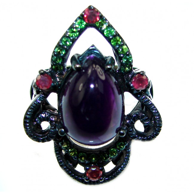 Genuine Amethyst black rhodium over .925 Sterling Silver Handcrafted Ring size 8 1/4