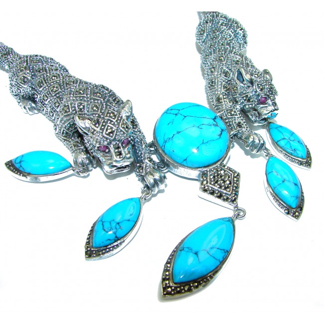 MASSIVE Two Pantheres Genuine Turquoise Marcasite .925 Sterling Silver handmade handcrafted Necklace