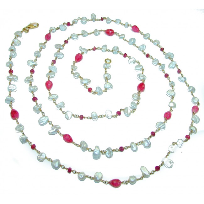 Long 44 inches genuine Mother of Pearl Tourmaline 14 Gold over .925 Sterling Silver handcrafted Necklace