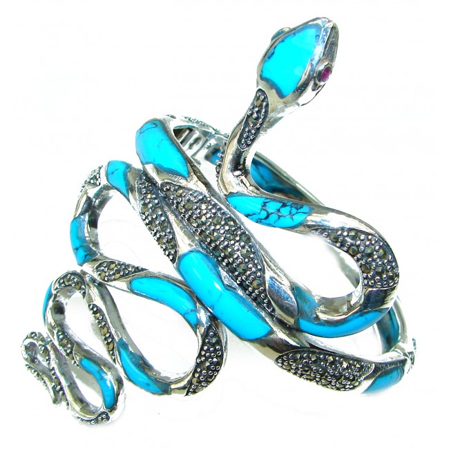Large Blue Snake Genuine inlay Turquoise Marcasite .925 Sterling Silver handmade Bracelet Bangle