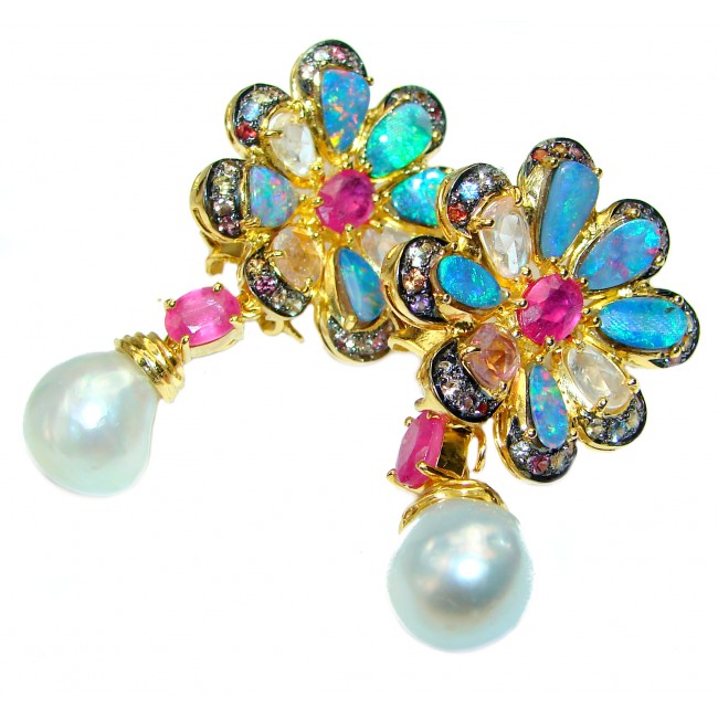 One-of-a-Kind 18k Gold over .925 Sterling Silver Pink Sapphire Australian Opal Pearl Drop Earrings