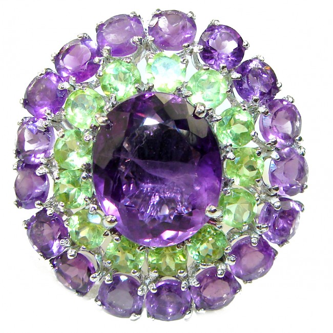 Spectacular genuine Amethyst Peridot .925 Sterling Silver Handcrafted Ring size 8