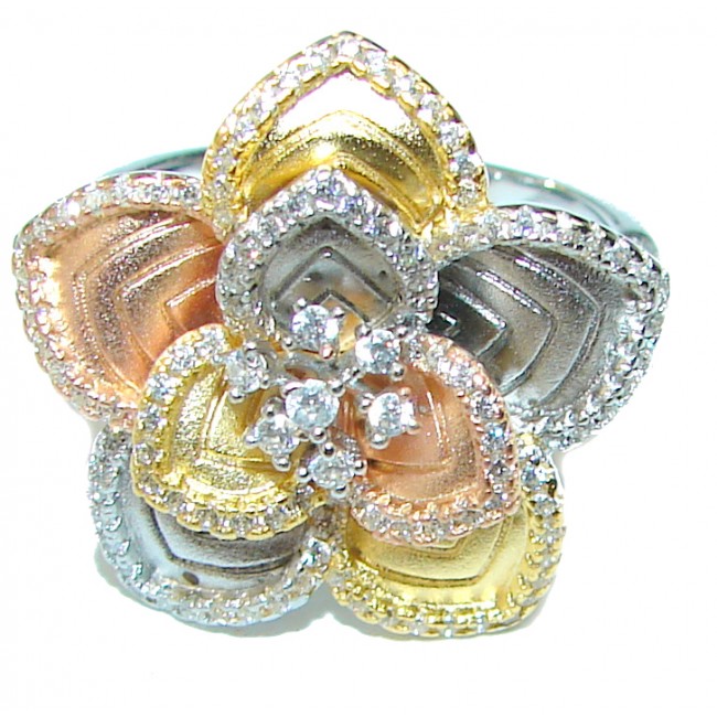 3 Tones Flower .925 Sterling Silver handmade Ring size 6 1/4