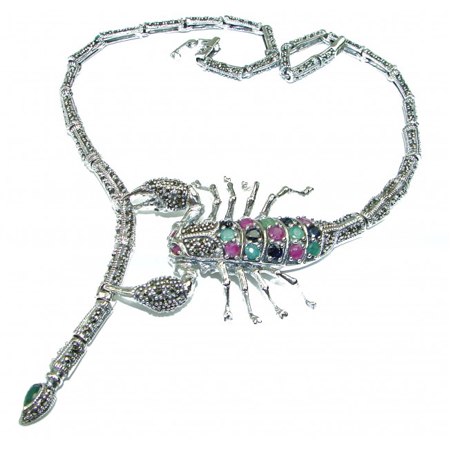 Large SCORPIO Genuine Emerald Marcasite .925 Sterling Silver handmade handcrafted Necklace