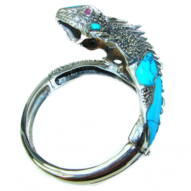 Large Blue Iguana Genuine inlay Turquoise Marcasite .925 Sterling Silver handmade Bracelet Bangle