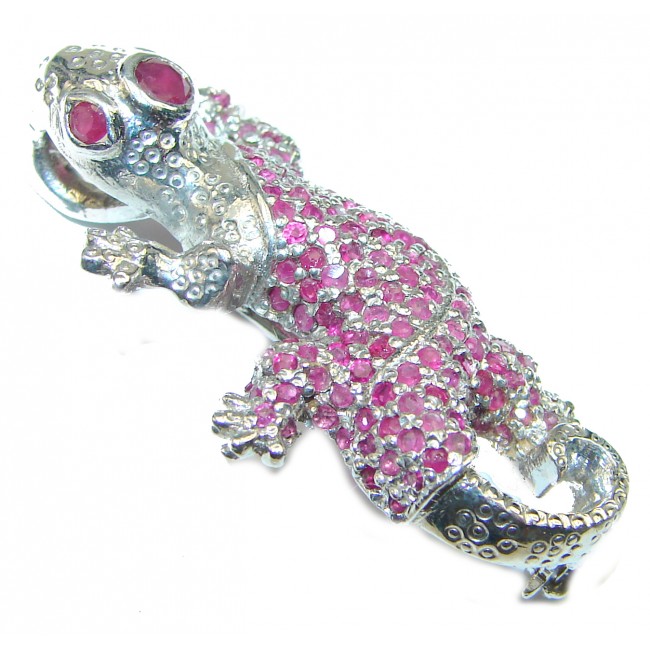 Red Lizard genuine Ruby .925 Sterling Silver handmade Pendant - Brooch
