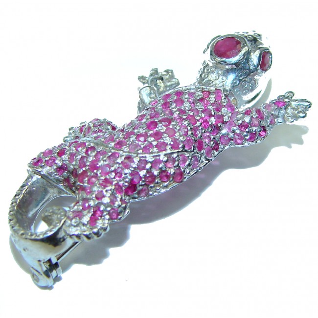 Red Lizard genuine Ruby .925 Sterling Silver handmade Pendant - Brooch