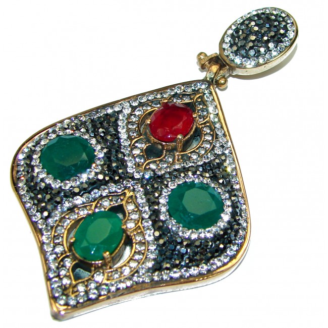 Precious created Ruby Emerald .925 Sterling Silver handmade Pendant