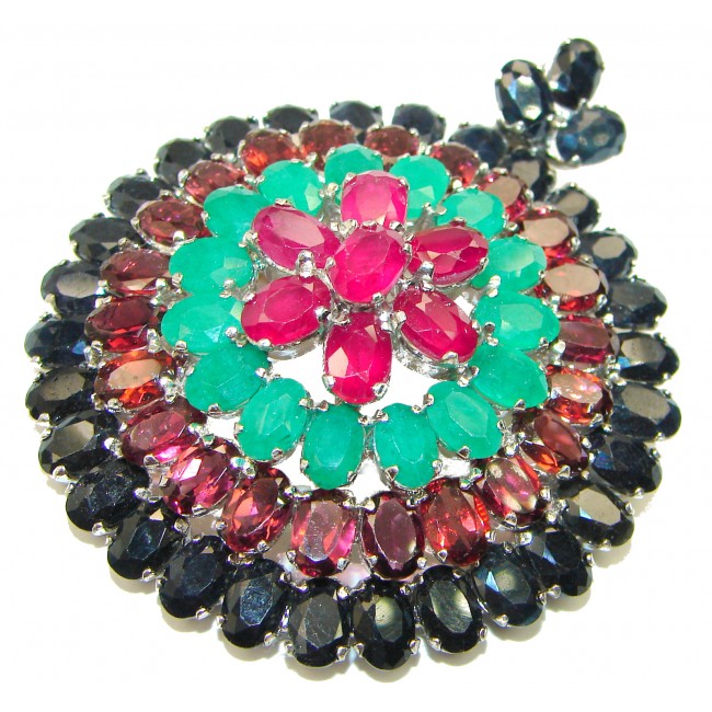Precious Genuine Ruby Emerald Sapphire .925 Sterling Silver handmade Pendant - Brooch