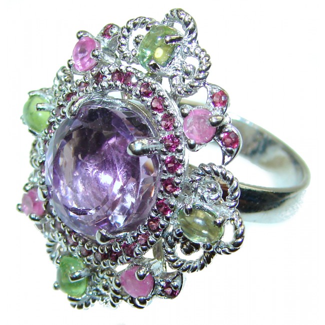 Spectacular Amethyst Peridot .925 Sterling Silver Handcrafted Large Ring size 8