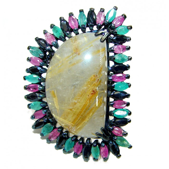 Large Best quality Golden Rutilated Quartz black rhodium over .925 Sterling Silver handcrafted Ring Size 7