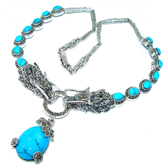 Two Dragons Genuine inlay Turquoise Marcasite .925 Sterling Silver handmade handcrafted Necklace