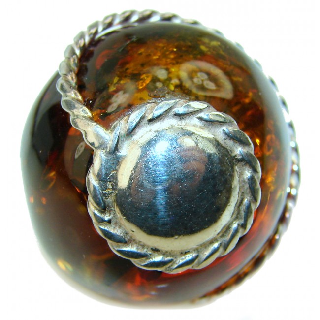 Authentic Large Sphere Baltic Amber .925 Sterling Silver handcrafted ring; s. 7 ADJUSTABLE