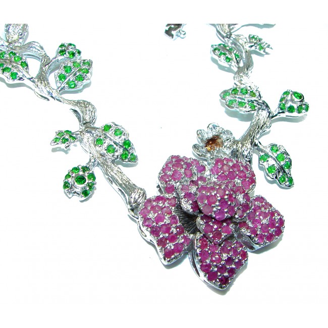 Wild Red Rose authentic Ruby Emerald .925 Sterling Silver handcrafted STATEMENT Necklace