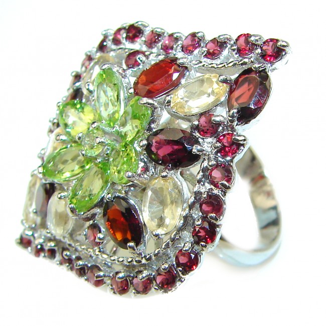 Fancy Green Flower Peridot .925 Sterling Silver Large handcrafted ring s. 7 3/4