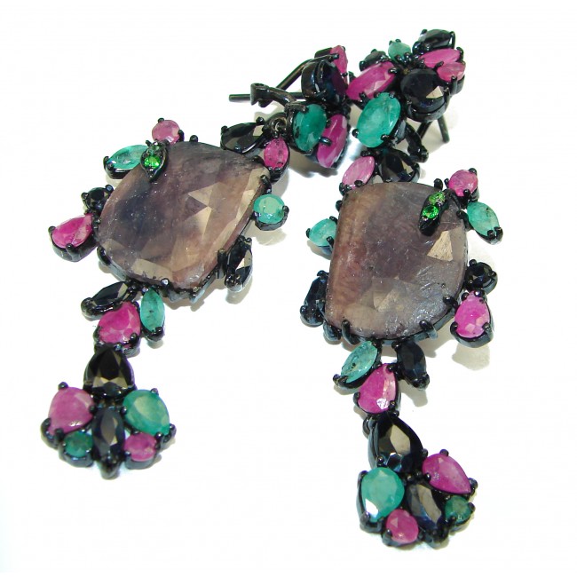 Spectacular natural Ruby Emerald black rhodium over .925 Sterling Silver handcrafted HUGE earrings