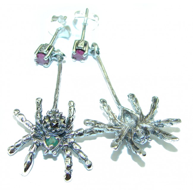 Spider Emerald Ruby .925 Sterling Silver handmade Earrings
