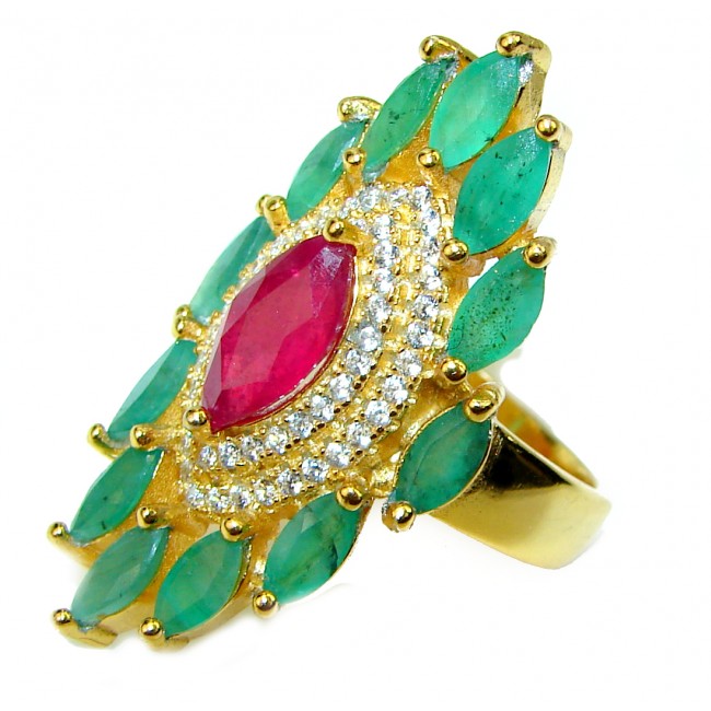 Unique Ruby Emerald 14K Gold over .925 Sterling Silver handcrafted Cocktail Ring size 6