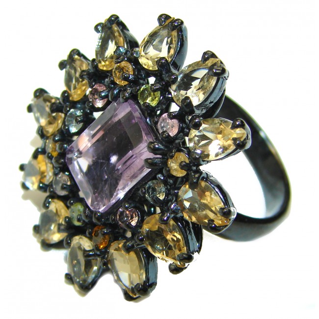Spectacular Amethyst black rhodium over .925 Sterling Silver Handcrafted Large Ring size 8