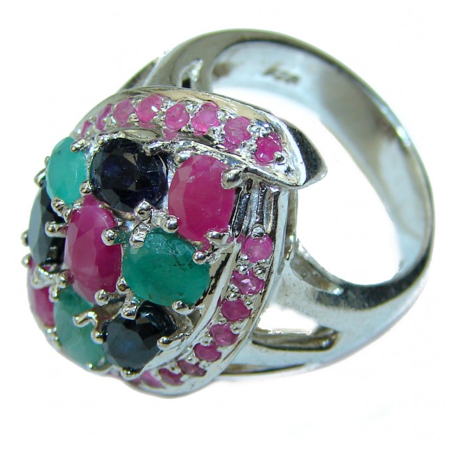 Camille Spectacular Ruby Emerald Sapphire .925 Sterling Silver handmade ring s. 6 3/4