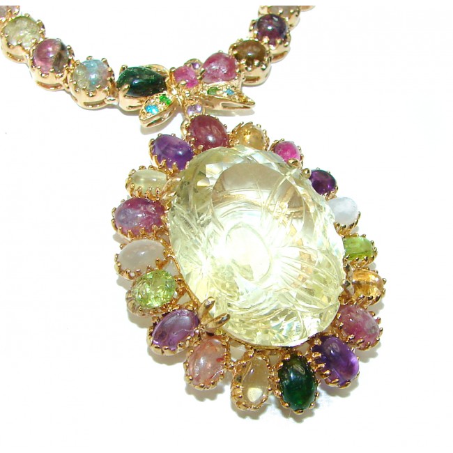 Golden Galaxy 61.2 grams authentic carved Lemon Quartz Tourmaline .925 Sterling Silver handcrafted necklace