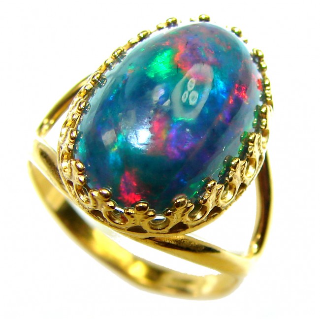 A COSMIC POWER Genuine 19.9 carat Black Opal Colombian Emerald 18K Gold over .925 Sterling Silver handmade Ring size 7 1/4