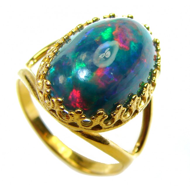 A COSMIC POWER Genuine 19.9 carat Black Opal Colombian Emerald 18K Gold over .925 Sterling Silver handmade Ring size 7 1/4
