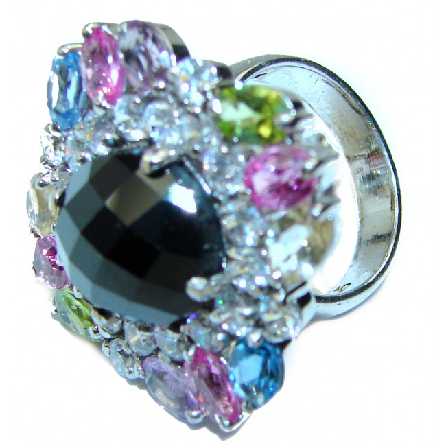 Huge Black Onyx multicolored Sapphire .925 Sterling Silver handcrafted ring; s. 6 3/4