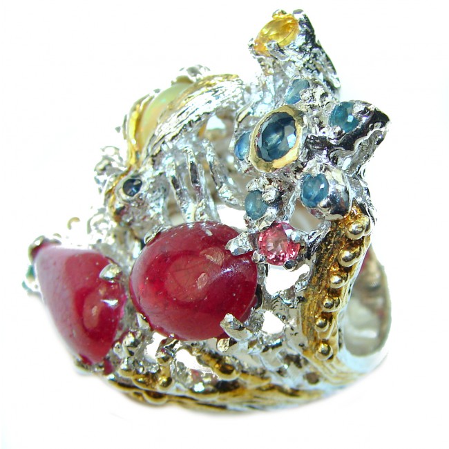 Enchanted Garden Authentic Ruby Grandidierite 2 tones .925 Sterling Silver Ring size 6 3/4