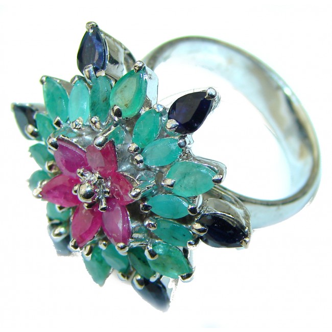 Massive Ruby Sapphire Emerald .925 Sterling Silver Ring size 8