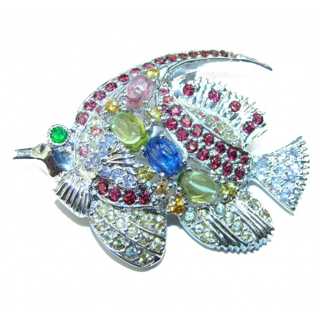 Precious Fish Genuine Ruby Sapphire Peridot .925 Sterling Silver Pendant Brooch
