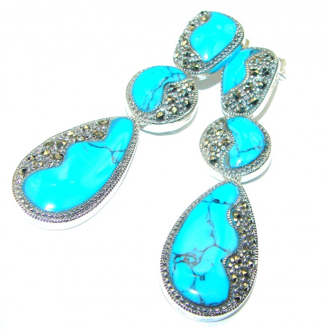 Spectacular inkay Turquoise Marcasite .925 Sterling Silver handcrafted Earrings