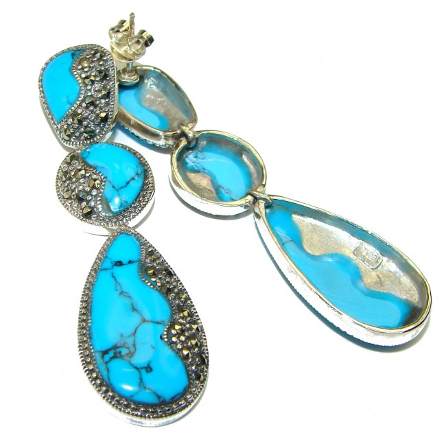 Spectacular inkay Turquoise Marcasite .925 Sterling Silver handcrafted Earrings