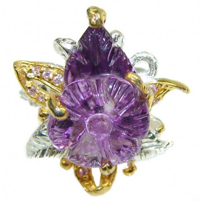 Spectacular 10.5 carat carved Amethyst 2 tones .925 Sterling Silver Handcrafted Ring size 7 3/4