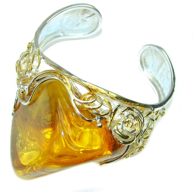 Huge 105.5 grams Genuine Golden Baltic Amber 18k Gold over .925 Sterling Silver handcrafted Bracelet / Cuff