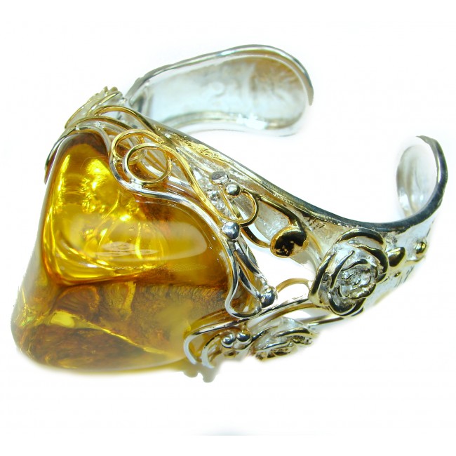 Huge 105.5 grams Genuine Golden Baltic Amber 18k Gold over .925 Sterling Silver handcrafted Bracelet / Cuff
