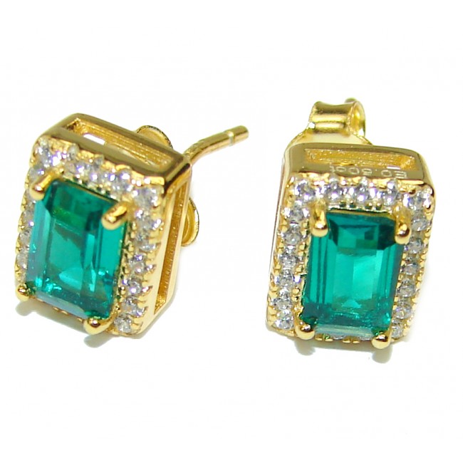925 Sterling Silver plated with 14k Gold Emerald and 0.11 CT. T.W. Diamond Stud Earrings