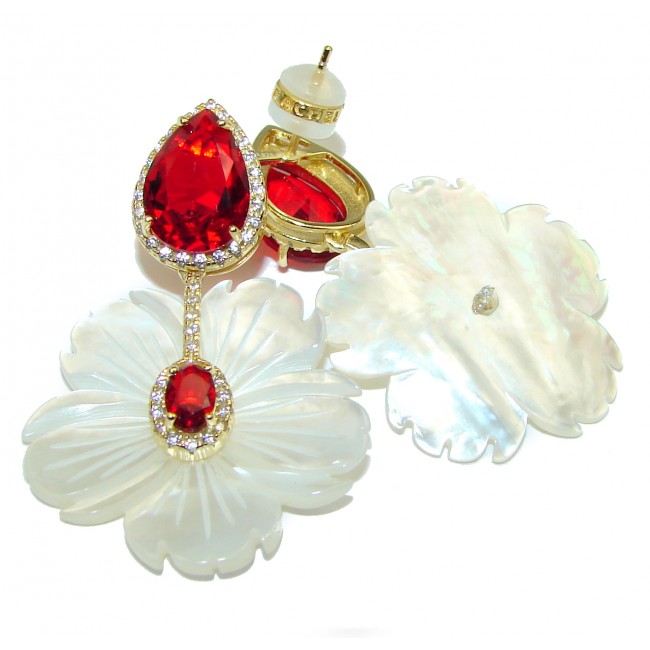 Summer Flowers Blister Pearl Red Topaz 14K Gold over .925 Sterling Silver handcrafted Earrings