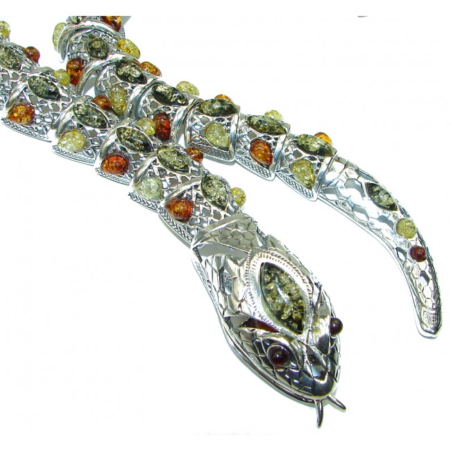 LARGE MASTERPIECE Boa Snake authentic Baltic Amber .925 Sterling Silver brilliantly handcrafted necklace
