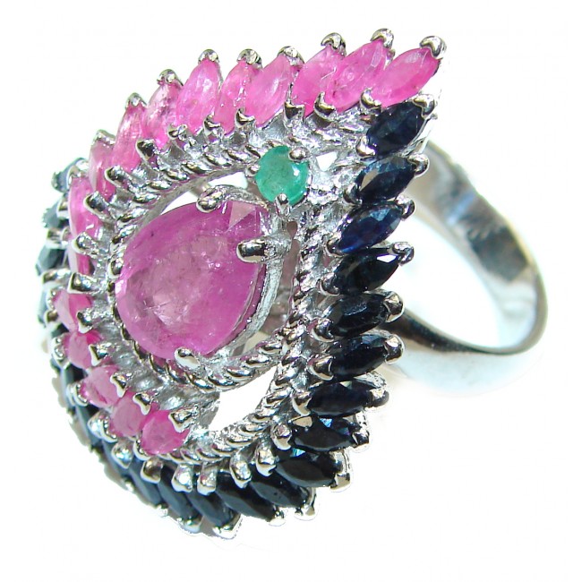 Anushka Ruby Emerald Sapphire .925 Sterling Silver handcrafted ring size 8