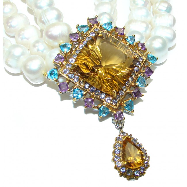 Spectacular 16 inches Long genuine Pearl Citrine 14K Gold over .925 Sterling Silver handcrafted Necklace