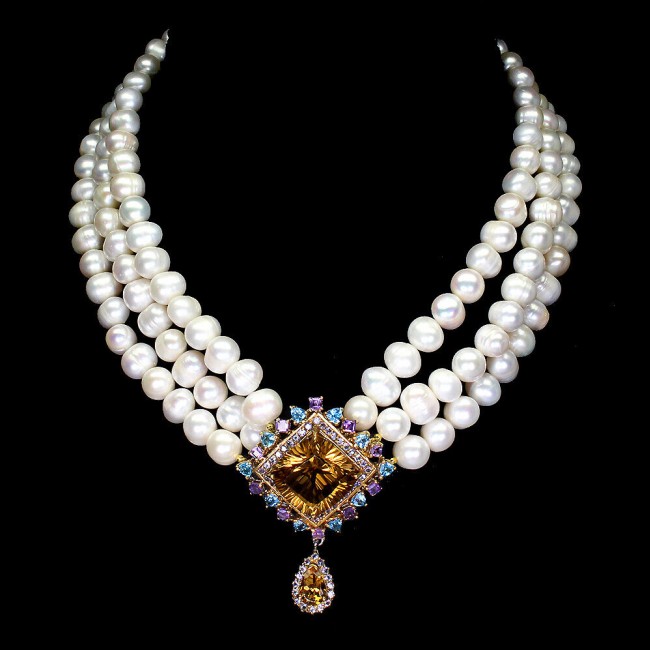 Spectacular 16 inches Long genuine Pearl Citrine 14K Gold over .925 Sterling Silver handcrafted Necklace