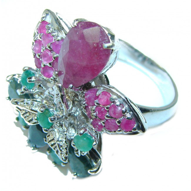 Mademoiselle Grandidierite Ruby Emerald Sapphire .925 Sterling Silver handcrafted .925 Sterling Silver handmade ring size 8
