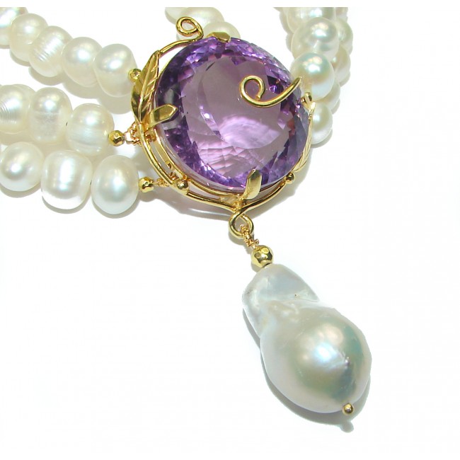 Spectacular 16 inches Long genuine Pearl Amethyst 14K Gold over .925 Sterling Silver handcrafted Necklace
