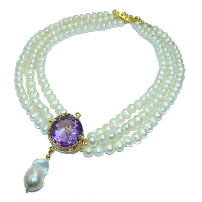 Spectacular 16 inches Long genuine Pearl Amethyst 14K Gold over .925 Sterling Silver handcrafted Necklace
