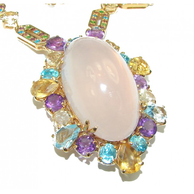 Chrysanthemum Outstanding Rose Quartz 14k Gold over .925 Sterling Silver handcrafted Statement necklace