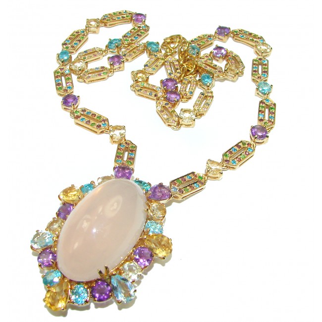 Chrysanthemum Outstanding Rose Quartz 14k Gold over .925 Sterling Silver handcrafted Statement necklace