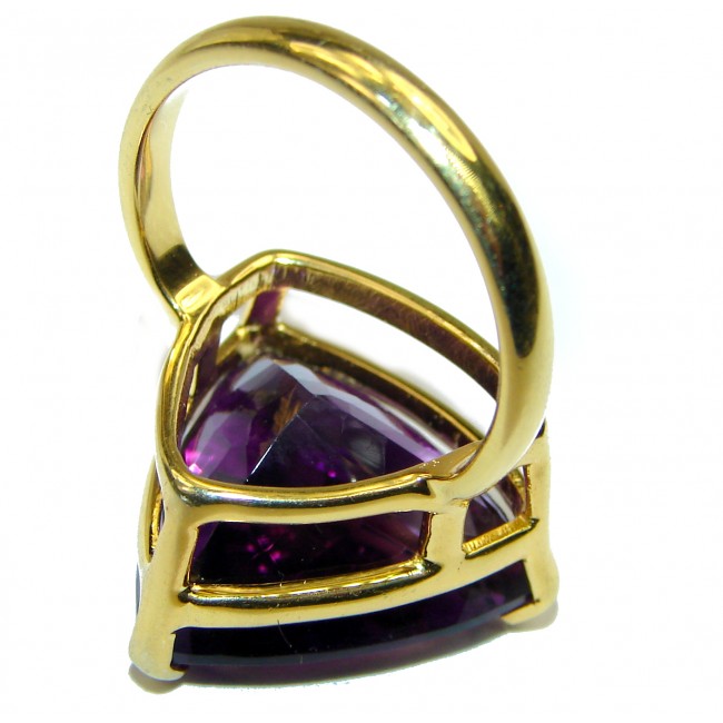 Spectacular Trillion cut 14.5 carat Amethyst 18K Gold over .925 Sterling Silver Handcrafted Ring size 8